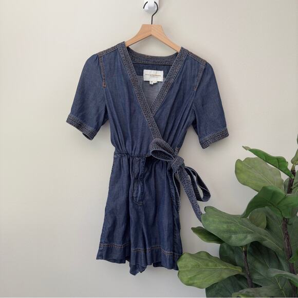 Pilcro and the Letterpress Denim Shorts Romper Wrap Tie Anthropologie Jean Blue - Picture 1 of 5